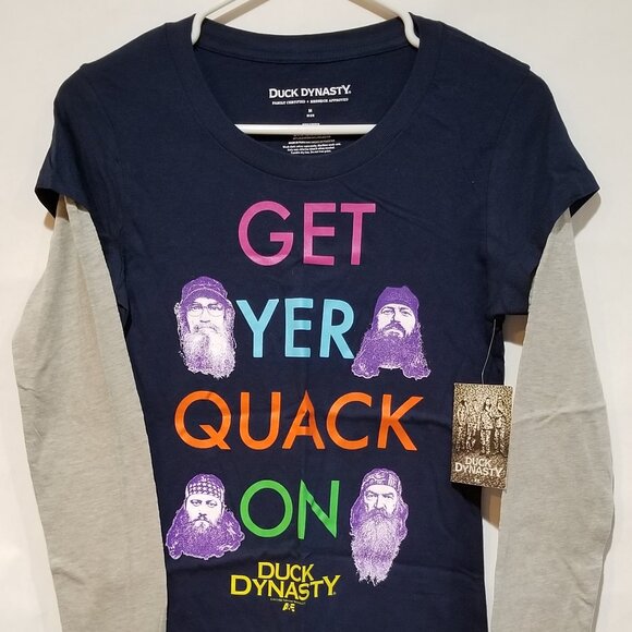 DUCK DYNASTY Womens M 7-9 Blue Get Yer Quack On Long Sleeve T-Shirt Shirt NWT - Picture 1 of 6